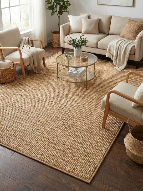 1pc White & Brown Mixed Square Faux Jute Rug. Scratch-Resistant, Washable, Ideal For Pet Owners, Suitable For Living Room, Dining Room, Study, Bedroom, And Other Scenes, Versatile Home Decor, Fashionable, New Arrival
