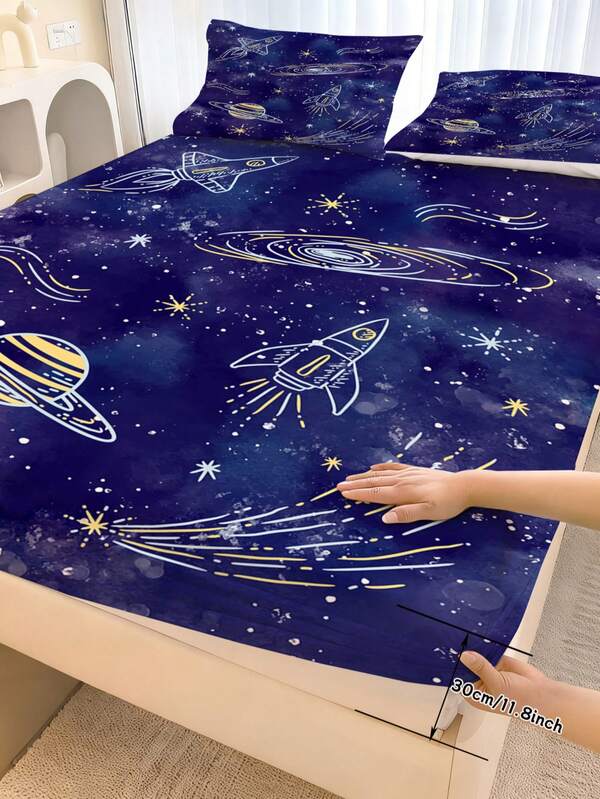 2/3pcs Starry Night Sky Rocket Bed Sheet Set, Children's Navy Blue Galaxy Bedding With Deep Pocket, Outer Space Bedroom Decor For Boys (Fits Twin/Full/Queen/King Size), Suitable For Kids, Teens, Adults, Boys And Girls Bedrooms